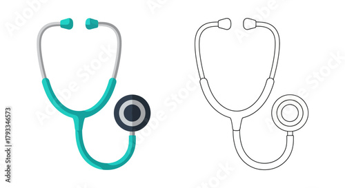 A colorful stethoscope and its line art representation are displayed side by side