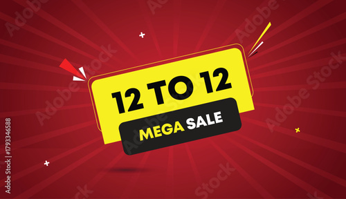 12 to 12 mega sale web banner vector art template design badge icon label yellow black gray shapes bold text dark red light sun shine abstract business background modern creative discount offer style 