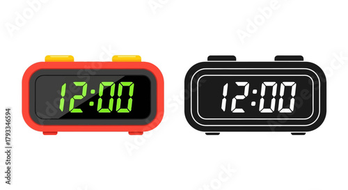 Two digital alarm clocks displaying twelve o clock one red and one black