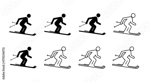 Black and white illustration depicting eight figures in various skiing poses