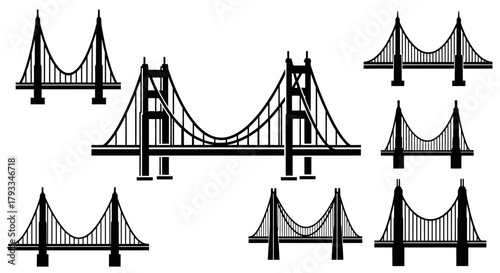 Black and white illustration depicting various suspension bridge designs
