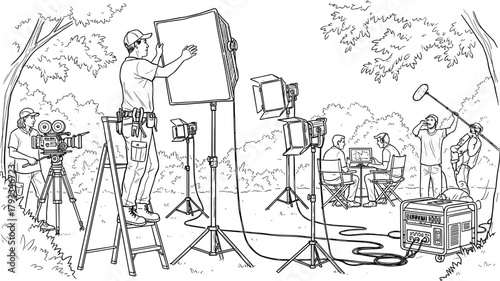 Outdoor film production, crew setup, lighting equipment, boom mic, camera operator, behind the scenes, professional video shoot, nature location