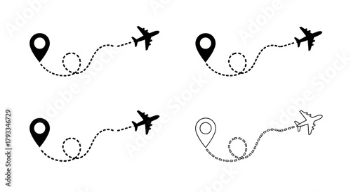 Travel routes with airplanes and location markers simple black and white icons