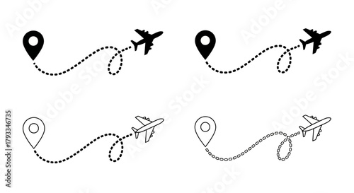 Travel route with airplane icons and location pins simple line art design