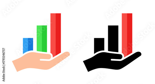 Hands holding financial charts color and monochrome versions are shown