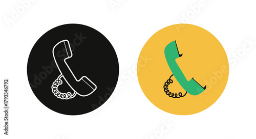 Two phone handset icons one outlined in black and one in color