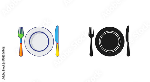 Two place settings displayed One colorful one monochromatic with plates and cutlery