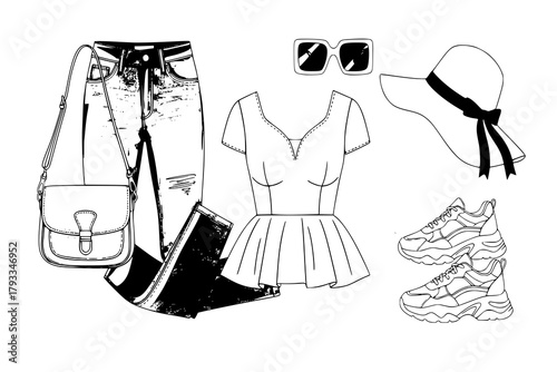 Set of trendy women's clothes with pants, peplum top and accessories. Women's wardrobe. Vector illustration
