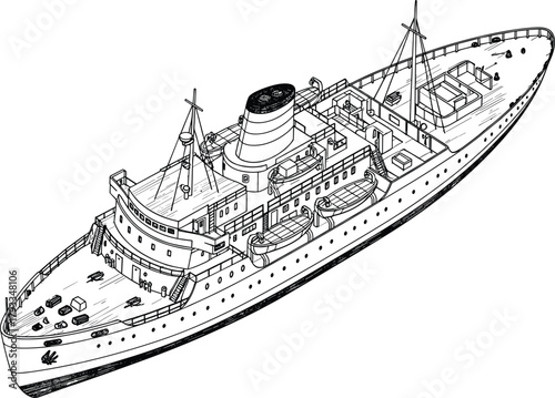 Passenger ship blueprint, ocean liner drawing, maritime architecture, vintage vessel sketch, nautical engineering, cruise deck layout, historical ship illustration
