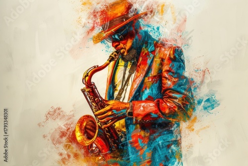 Jazz musician of different playing musical instrument and singing saxophone painting abstract.
