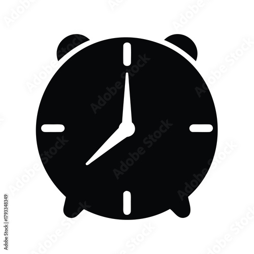 Black and white illustration of an alarm clock pointing to seven thirty
