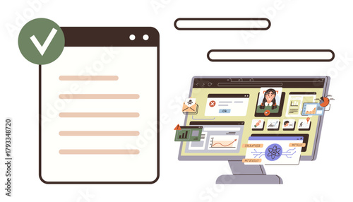 Checklist with green checkmark and desktop screen displaying tasks, graphs, notifications, and profiles. Ideal for productivity, remote work, project tracking, online learning, organization