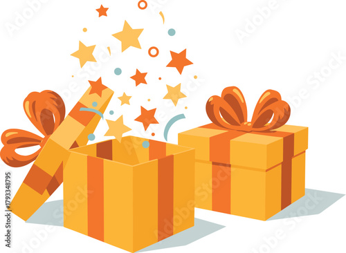 Open Gift Box with Exploding Stars and Confetti present