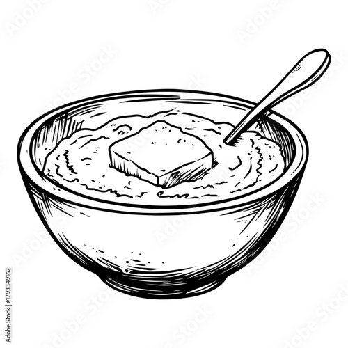 Hand Drawn Cornmeal Porridge with Butter Sketch Illustration – Breakfast Food Art