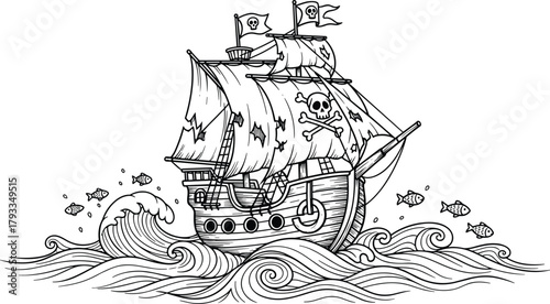 Pirate ship sailing ocean waves, skull flags, tattered sails, nautical adventure, marine illustration, vintage style, blue ink drawing