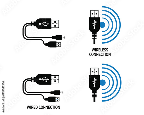 Comparison of wired and wireless usb connection types for technology and data transfer