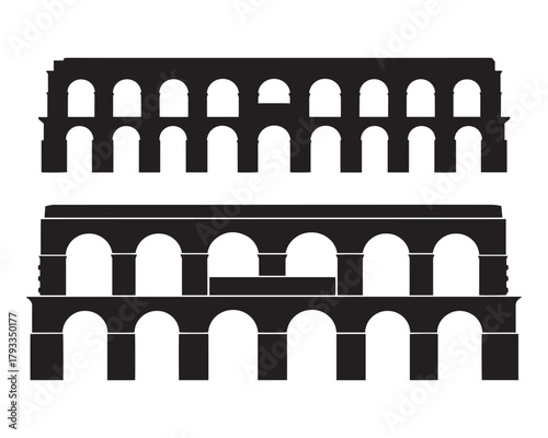 Two silhouettes of ancient roman aqueducts with arches and columns