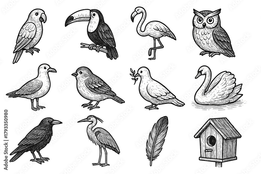 Obraz premium Seagull icon vector collection sparrow feather dove birdhouse heron bird toucan owl