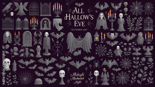Collection of Halloween vector elements spooky and gothic illustrations for All Hallows Eve isolated on dark background