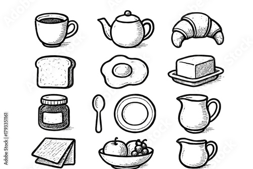 Jug butter cup napkin spoon icons breakfast plate vector set icon bowl