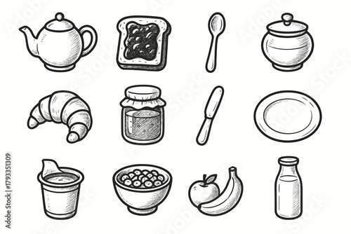 Honey fruit croissant butter toast icon vector breakfast milk plate knife set