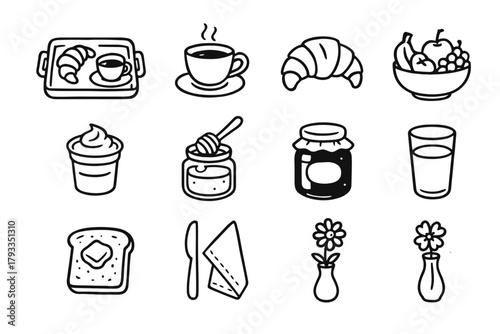 Set breakfast jam honey vase icon tea yogurt tray flower napkin vector