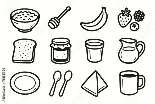 Vector set jam milk berries jar icon oatmeal breakfast napkin toast plate