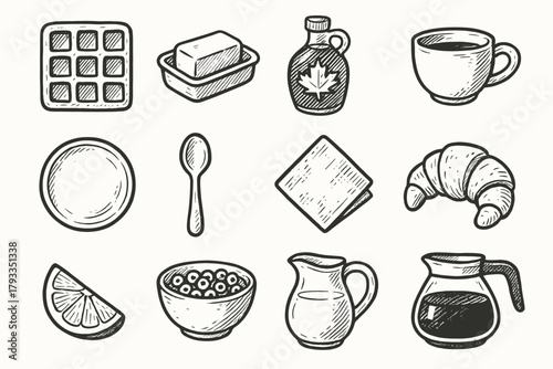 Milk pot maple breakfast slice icon napkin vector coffee waffle cup icons
