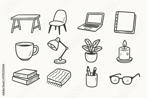 Candle icon desk cozy glasses holder stack workspace icons mug plant vector