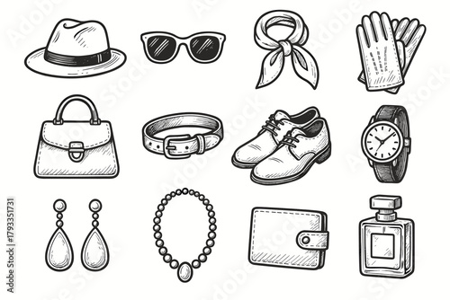 Bottle gloves vector grid icon wallet leather watch perfume belt silk fashion