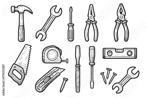 Nails spanner hammer tool screwdriver hand icon measure file saw icons wrench