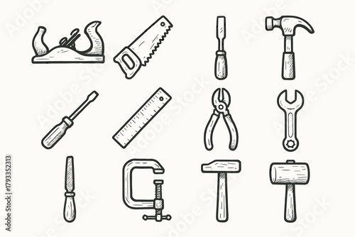 Vector mallet screwdriver hand tool file wrench ruler icon tools chisel clamp