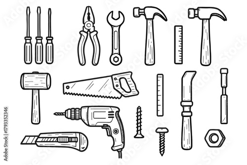 Ruler hammer screwdriver icons pliers tool utility saw hand drill screw icon