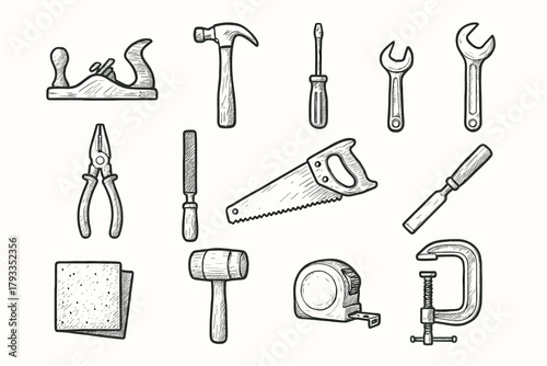 Clamp measuring icon pliers tool vector hand wrench file mallet saw plane