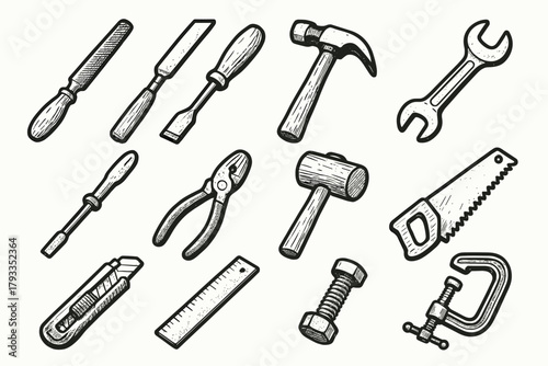 Wrench metal utility icon screwdriver knife mallet tool ruler clamp hand vector