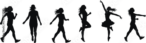 Silhouette sequence of human motion, walking to dancing, dynamic poses, expressive movement, graceful leap, energetic body language