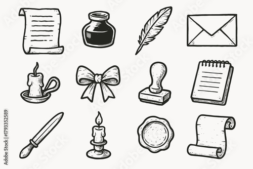 Sealing envelope bow sheet parchment paper letter writing vector icon icons feather