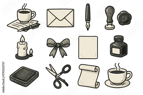 Paper ribbon icons essentials cozy ink writing stamp tea envelope icon vector