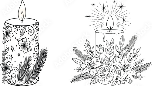 Christmas Candle with Pine Branch and Stars | Holiday Light and Winter Decoration Vector