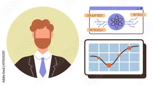 Portrait of a professional with data visualization panels, atomic structure representation, and graph plots. Ideal for technology, innovation, science, research, education, data analysis career