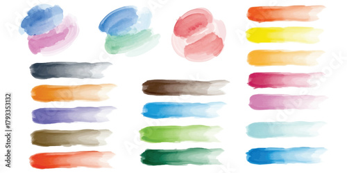 Diverse watercolor brush strokes, various colors, artistic design elements