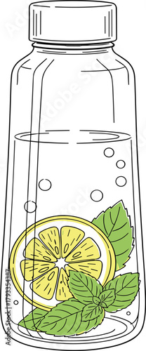 Refreshing detox drink bottle with lemon slices, mint leaves, bubbles, hydration, summer beverage, healthy lifestyle, minimal design
