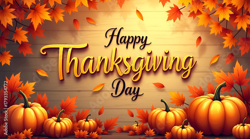 Rustic harvest-themed composition featuring wooden table surface, “Happy Thanksgiving Day” text in decorative font, and realistic pumpkins with scattered leaves