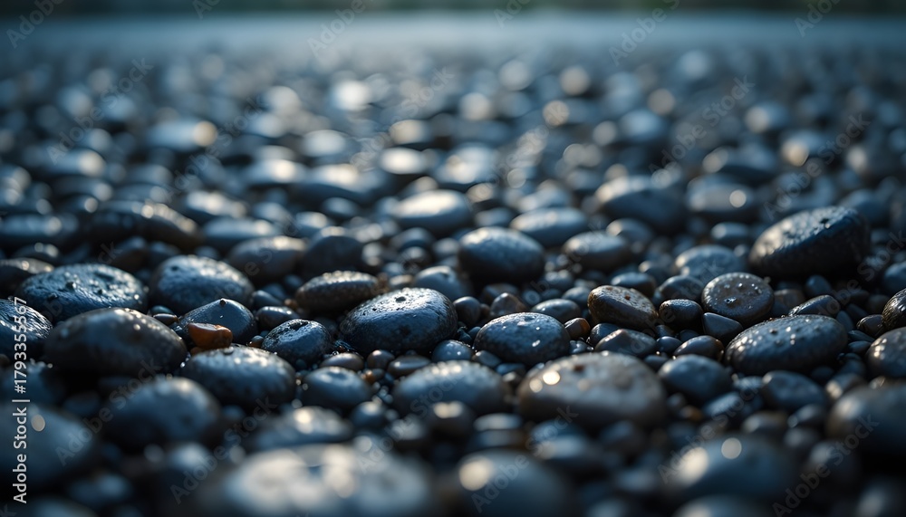 Fototapeta premium Wet pebbles illuminated by soft white light after rain, water drops visible, realistic photography, shallow depth of field, moody natural lighting.