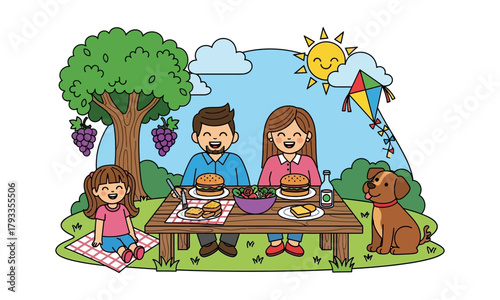 A happy family enjoying a picnic lunch with their dog on a sunny day