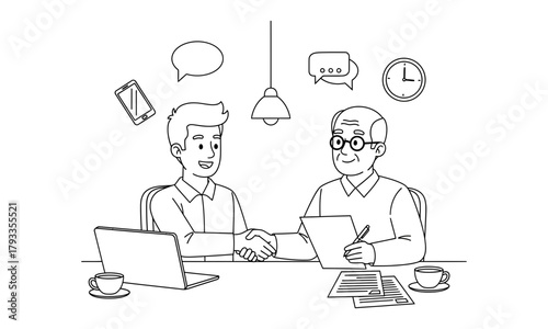 Two businessmen shaking hands over a table with a laptop and coffee