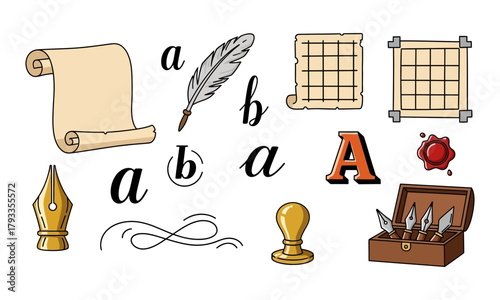 Collection of writing and calligraphy elements, including scrolls, quills, ink, and letters