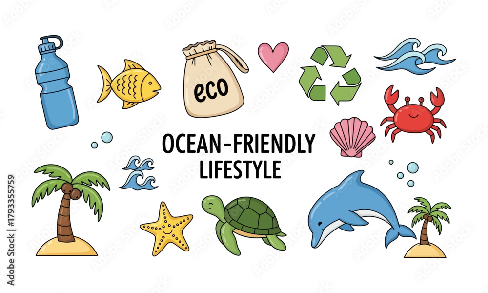 Naklejka premium Oceanfriendly lifestyle elements including a dolphin, turtle, and recycling symbol