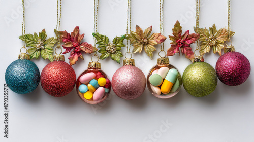 Christmas medicine-themed greeting card with festive decorations.
