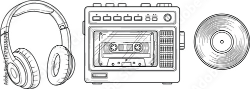 Retro headphones, cassette player, vinyl record, vintage audio gear, nostalgic music devices, analog sound, sketch illustration, blue tone, classic tech